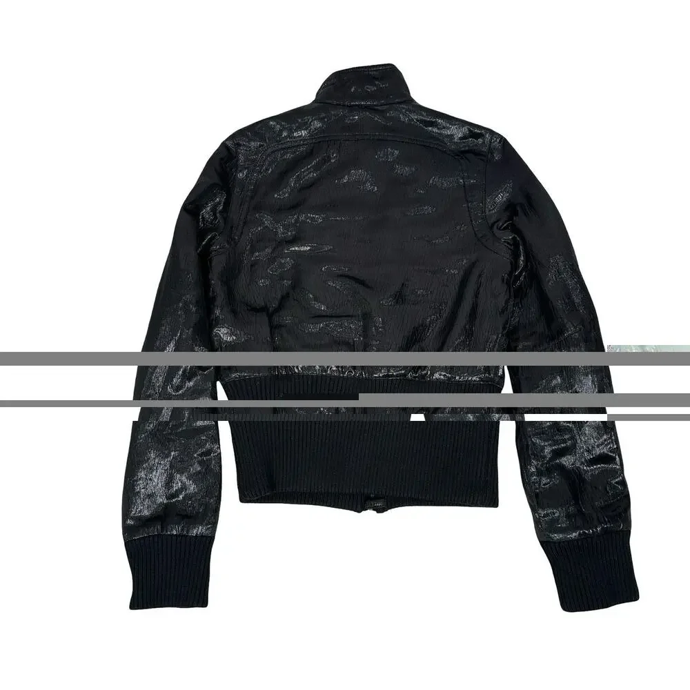Moschino Jeans Moto Jacket Women's 6 Black Shiny Textured Wool Blend‎ Italy Zip